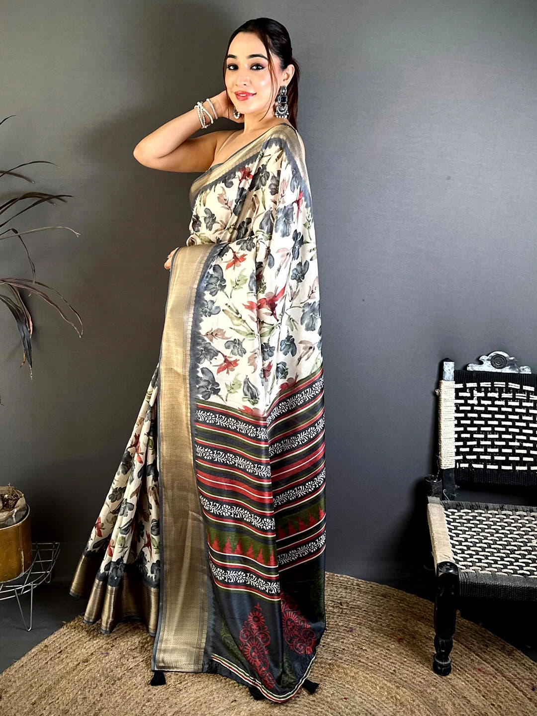 Classic Grey Soft Dola Floral Print Saree