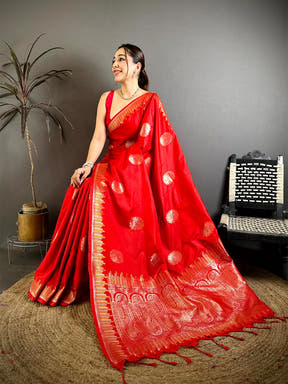 Bright Red Soft Silk Floral Bouquet Butta Saree