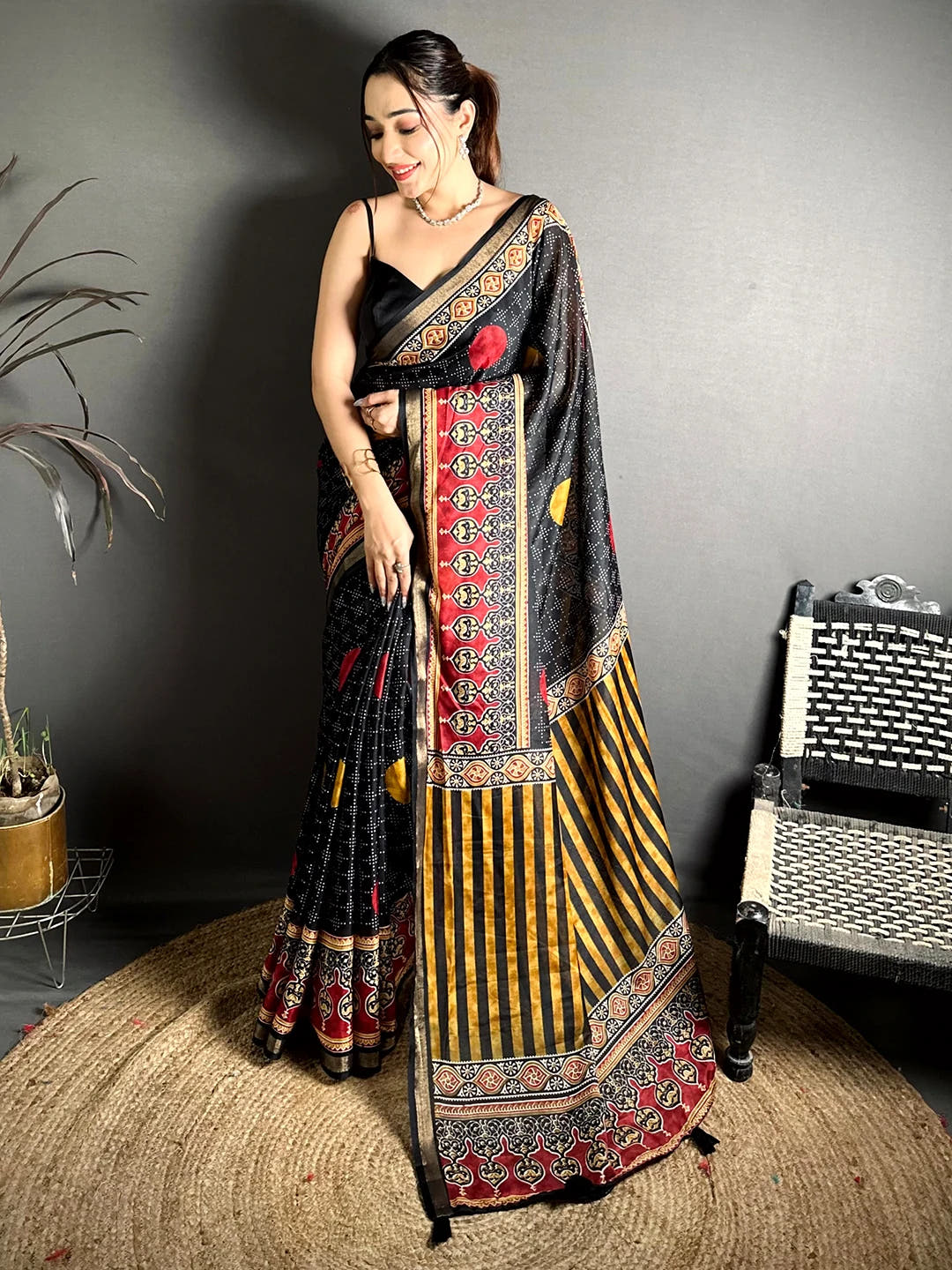 Black Mul Cotton Bandhani Ajrak Print Saree