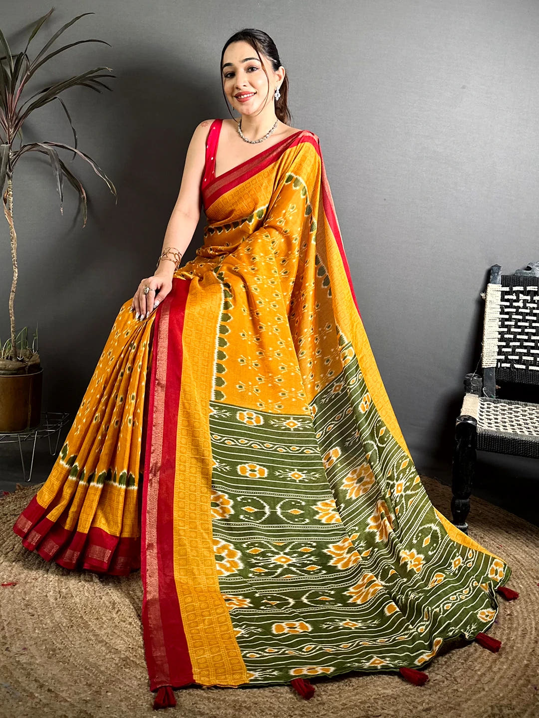 Exclusive Mustard Mul Cotton Ikkat Print Saree