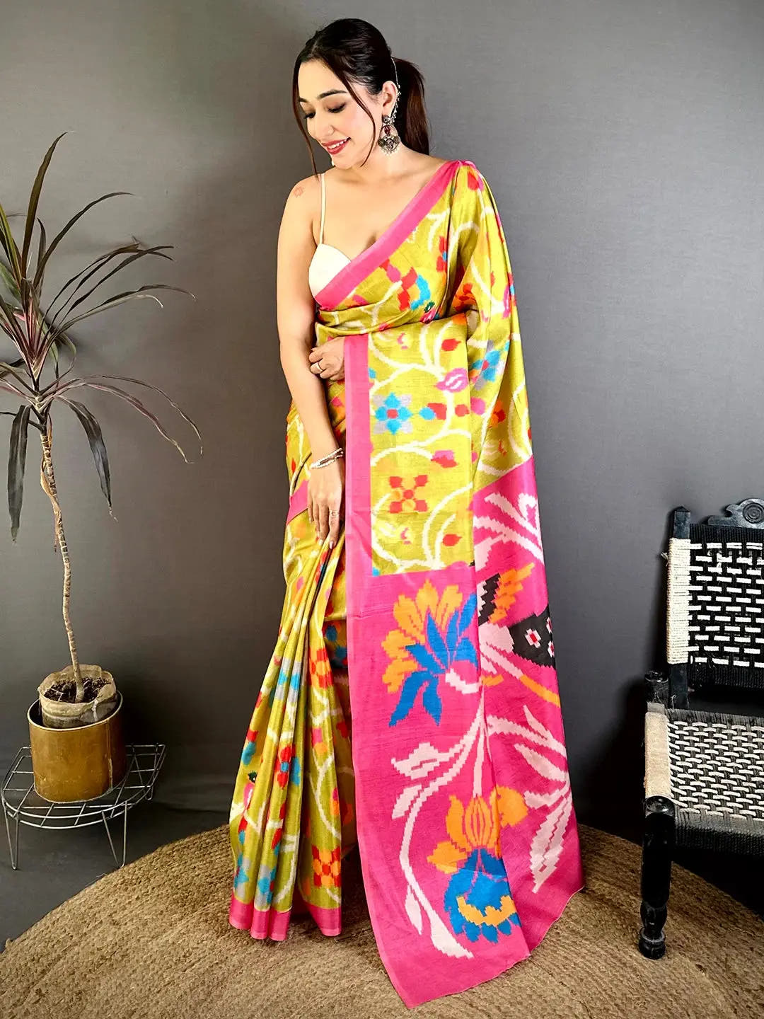 Radiant Lime Green Ikkat Tussar Designer Saree