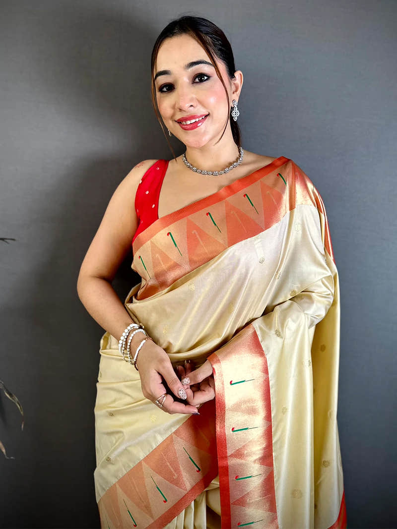 Cream Soft Silk Yeola Weaving Pallu Saree