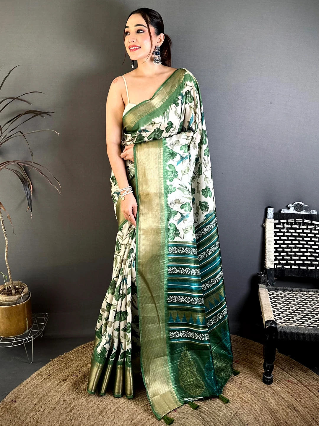 Elegant Olive Soft Dola Floral Print Saree
