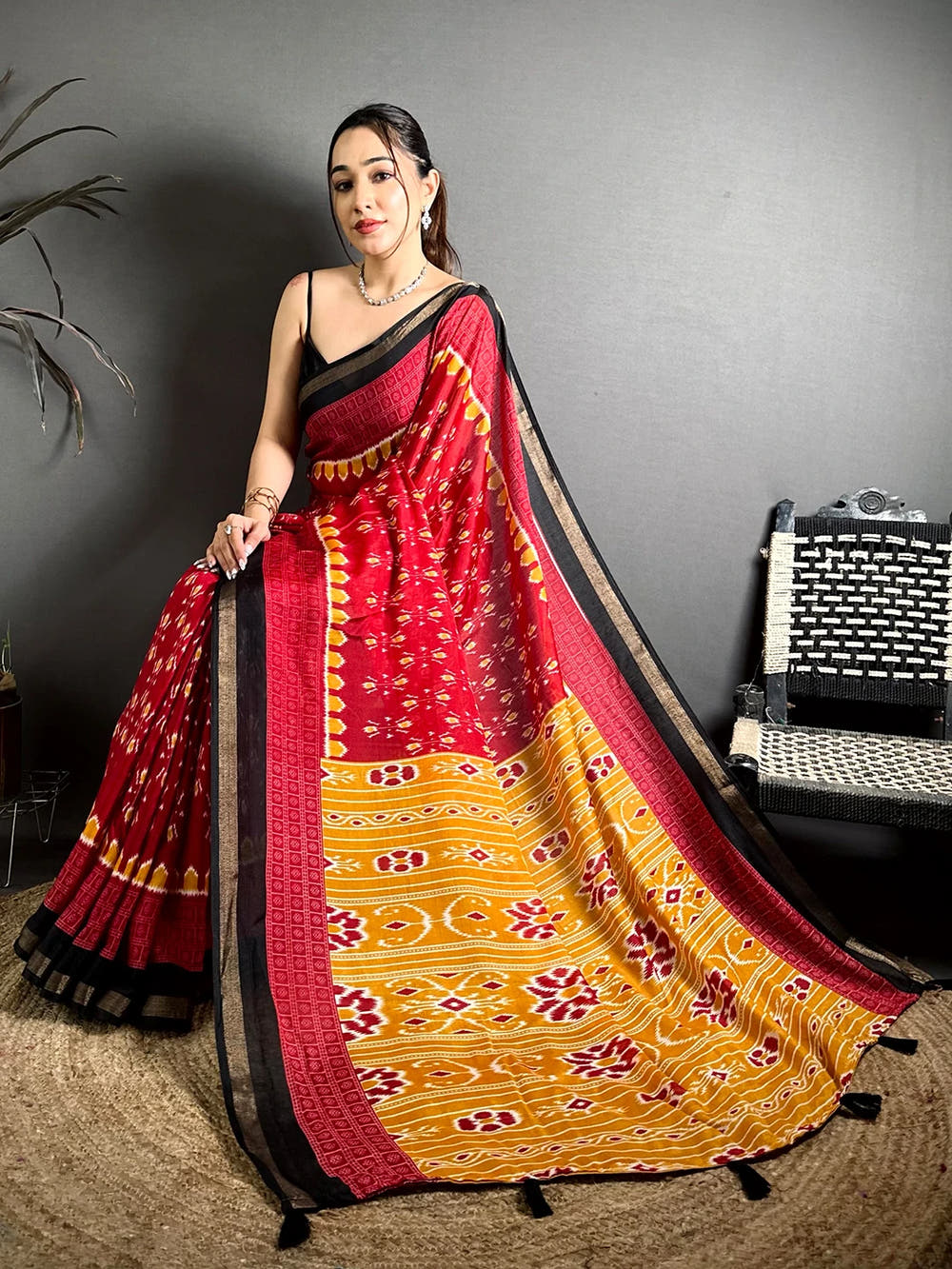 Exclusive Red Mul Cotton Ikkat Print Saree