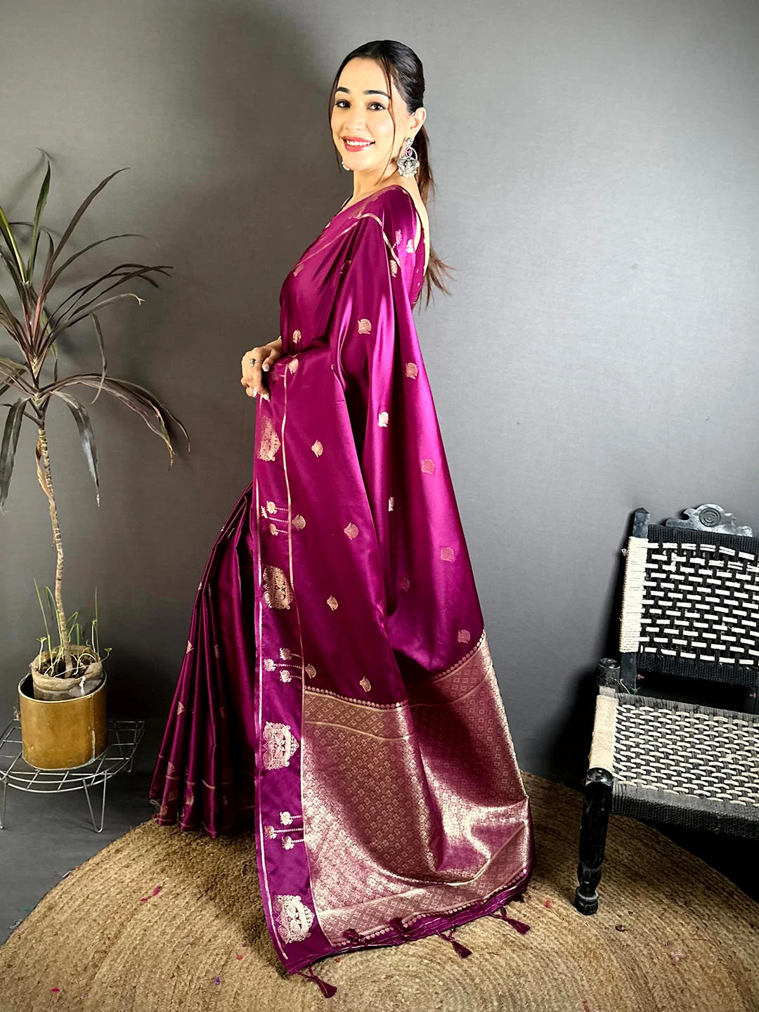 Wine Mashru Satin Silk peacock zari butta saree, side view of the drape with the broad woven pallu
