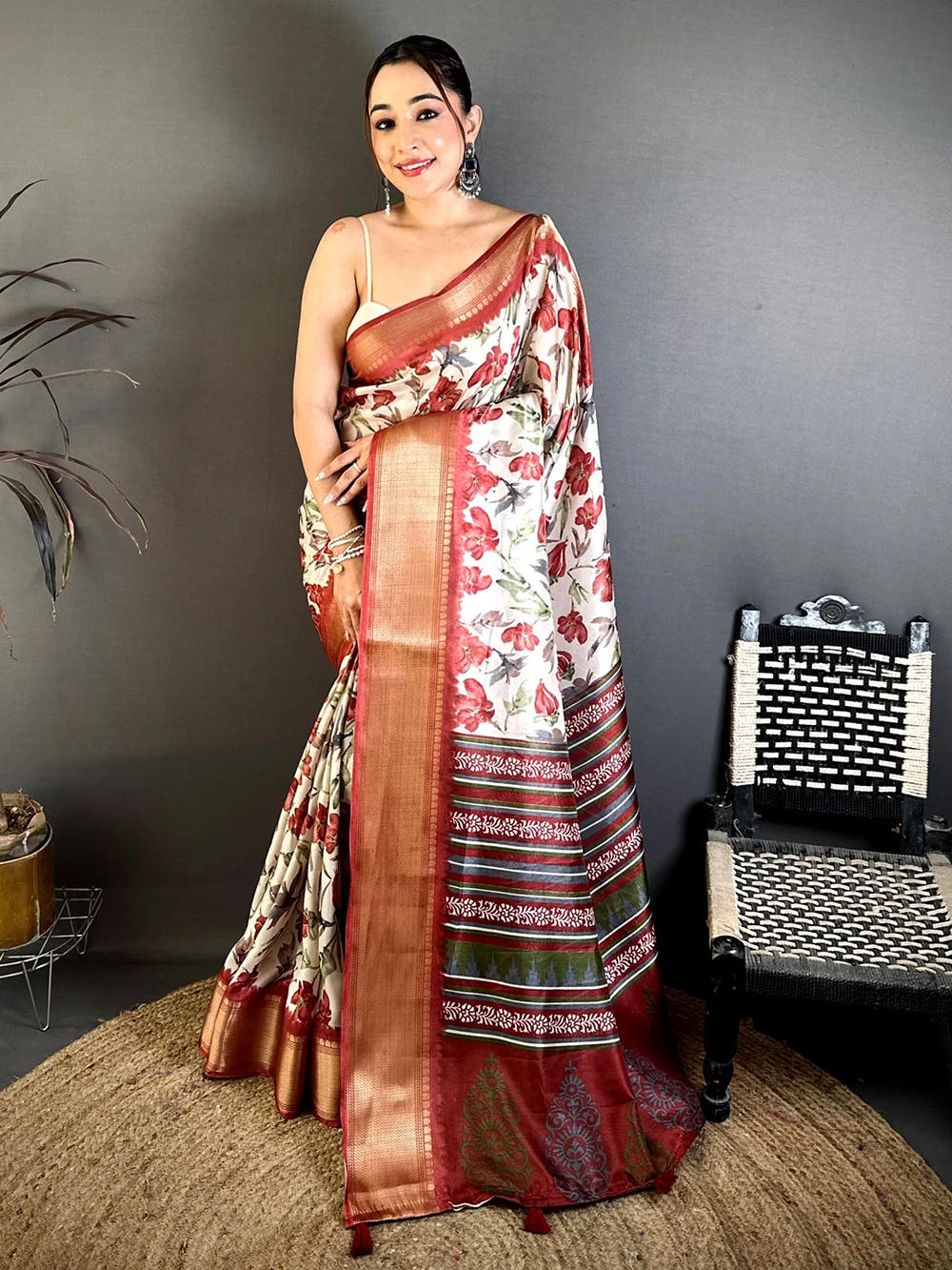 Radiant Rust Red Soft Dola Floral Print Saree