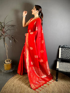 Bright Red Soft Silk Floral Bouquet Butta Saree