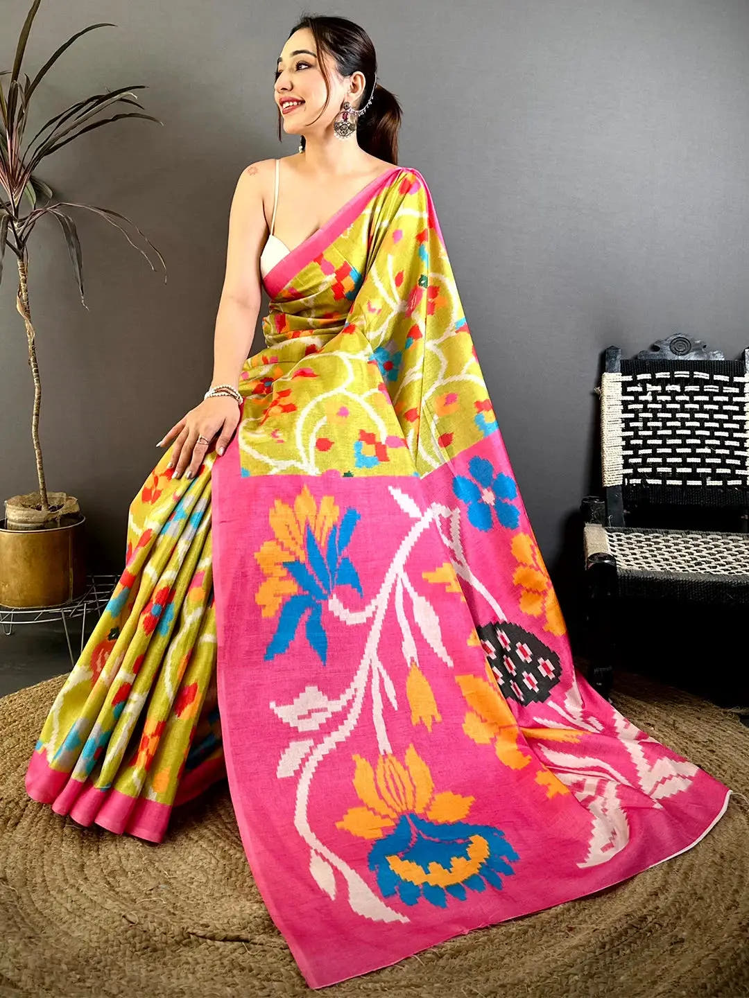 Radiant Lime Green Ikkat Tussar Designer Saree