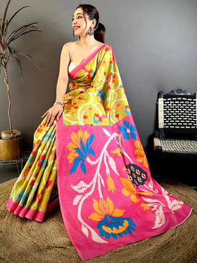 Radiant Lime Green Ikkat Tussar Designer Saree
