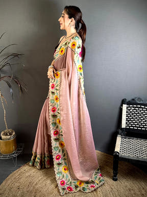 Pink Soft Crush Silk Resham Floral Border Saree