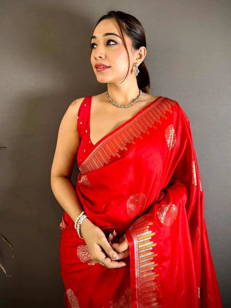 Bright Red Soft Silk Floral Bouquet Butta Saree