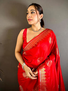 Bright Red Soft Silk Floral Bouquet Butta Saree