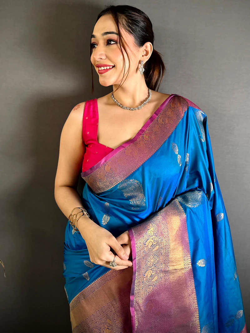 Radiant Blue Soft Silk Kanchi Pattu Border Saree