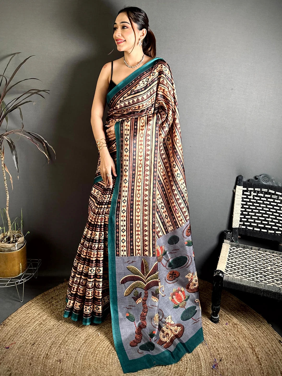 Classic Tussar Ajrakh Kalamkari Print Saree