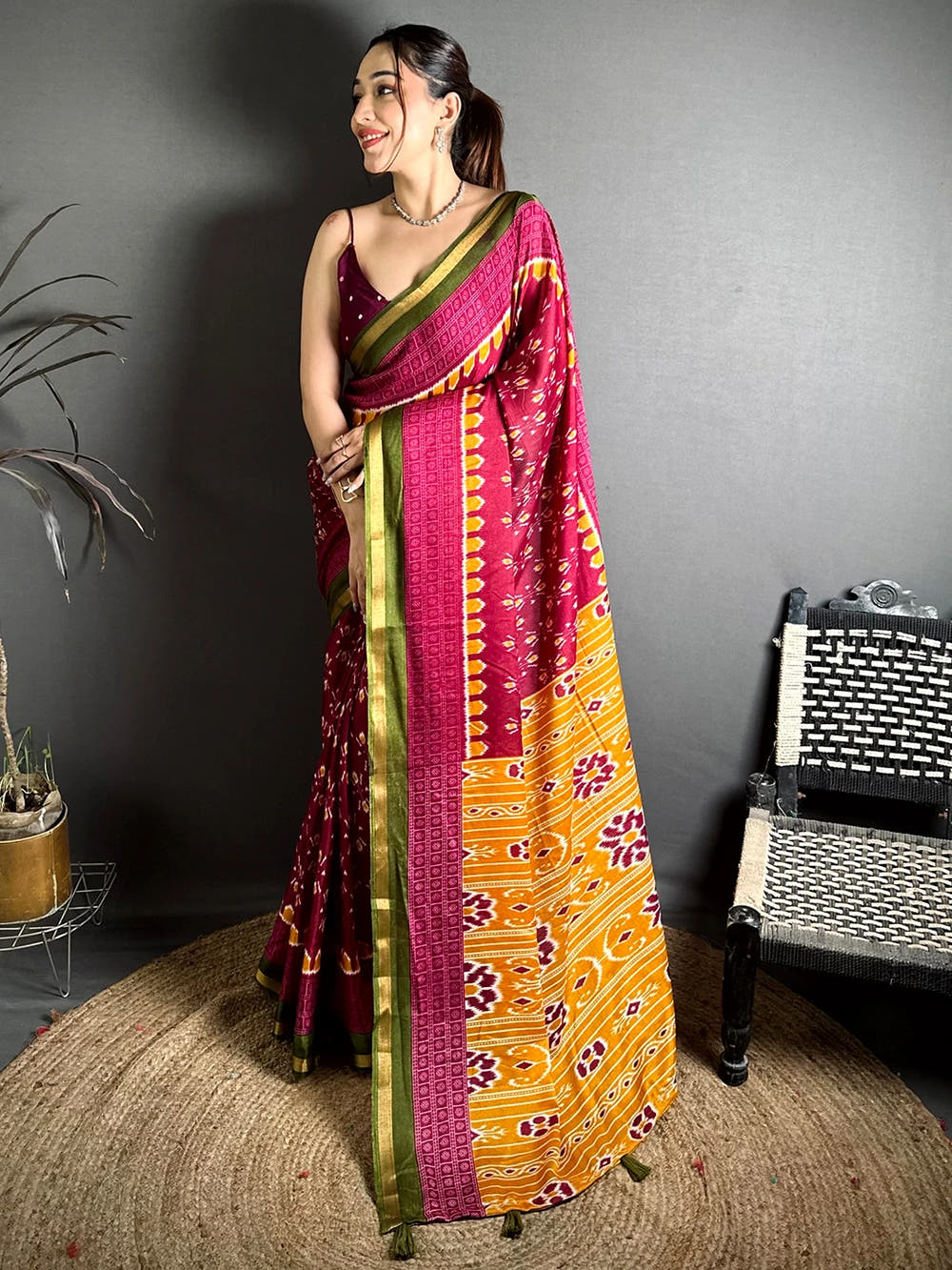 Exclusive Maroon Mul Cotton Ikkat Print Saree