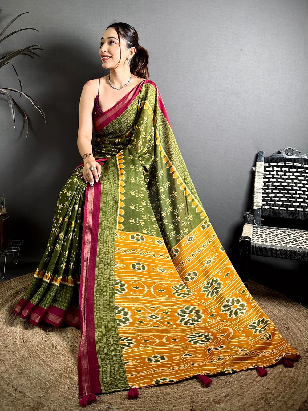 Exclusive Olive Mul Cotton Ikkat Print Saree
