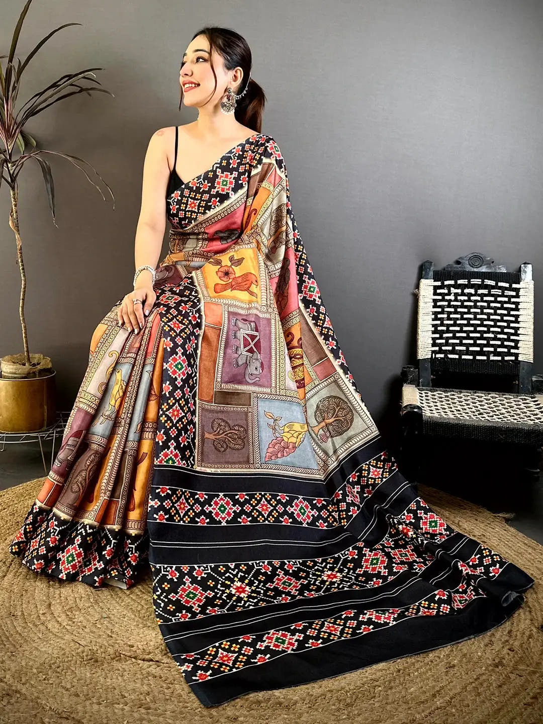 Stylish Tussar Kalamkari Patola Print Saree