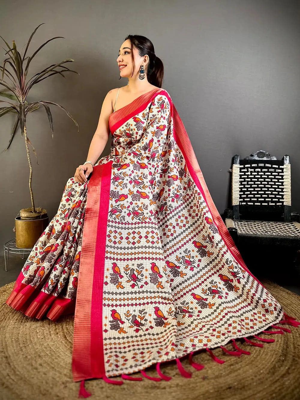 Pink Bird Printed Tussar Check Saree