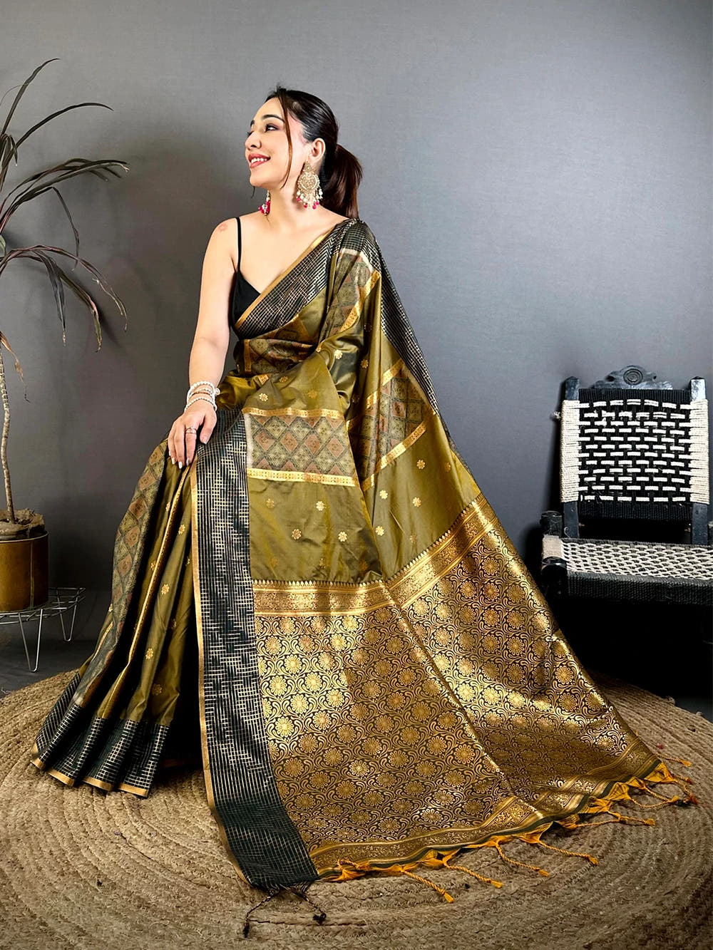 Olive Pochampally Weaving Soft Silk Saree