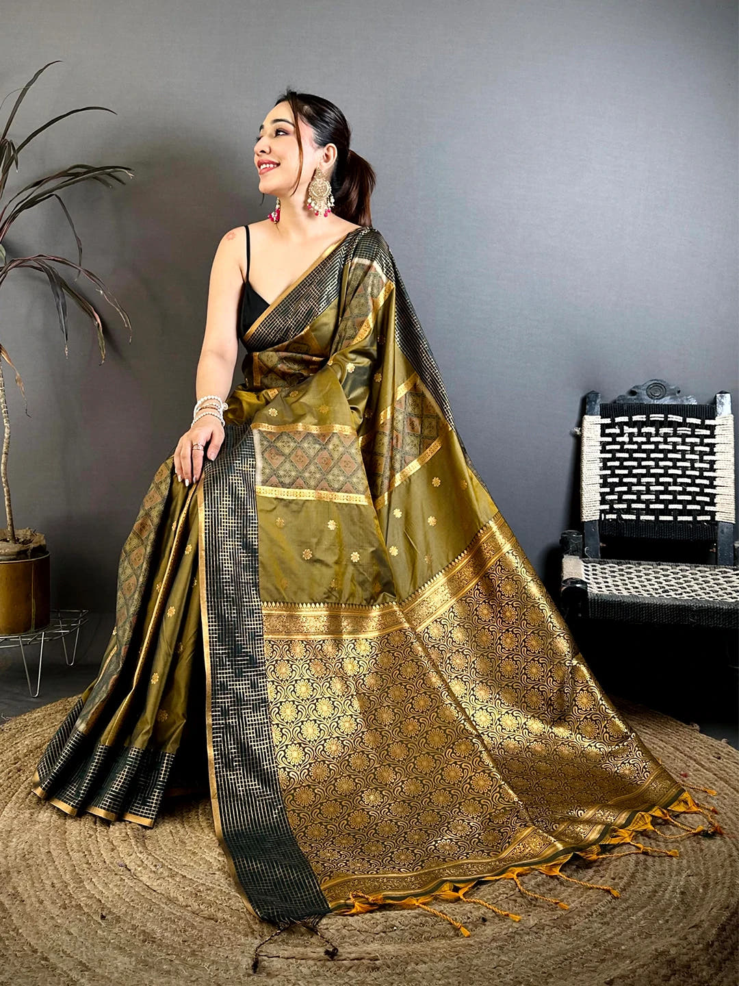 Olive Pochampally Weaving Soft Silk Saree