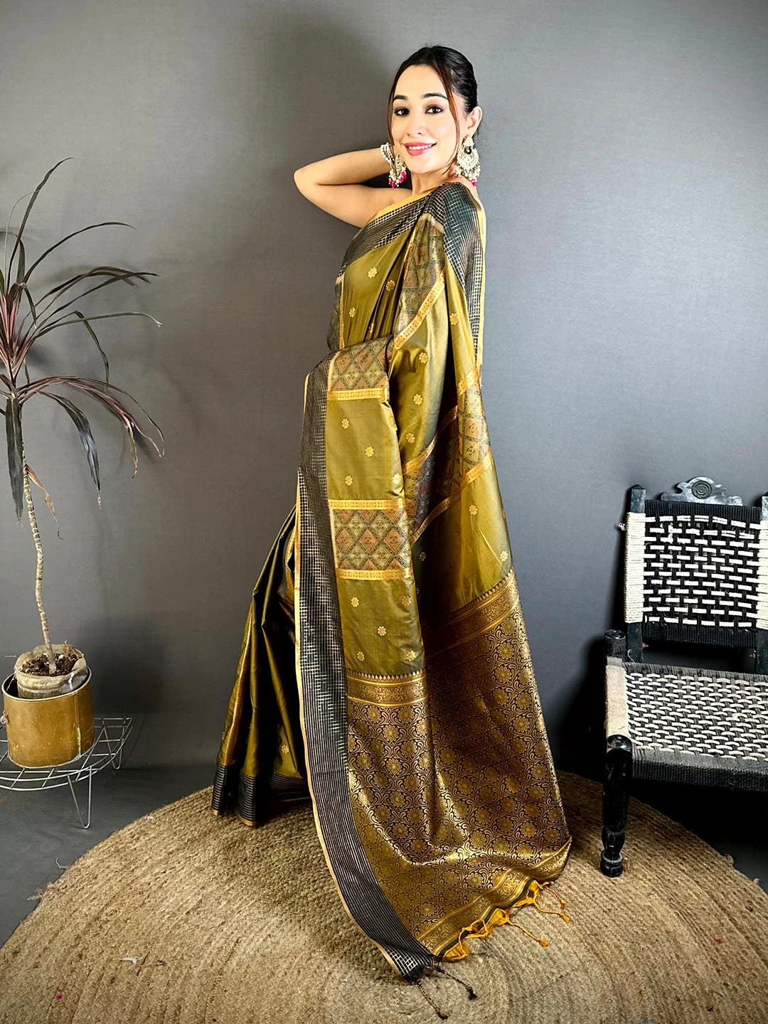 Olive Pochampally Weaving Soft Silk Saree