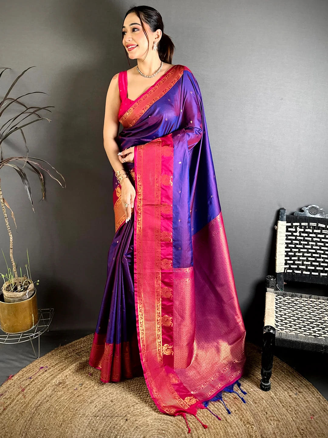 Royal Purple Soft Silk Kanchi Pattu Border Saree, full-length view with gold zari pallu and tassels