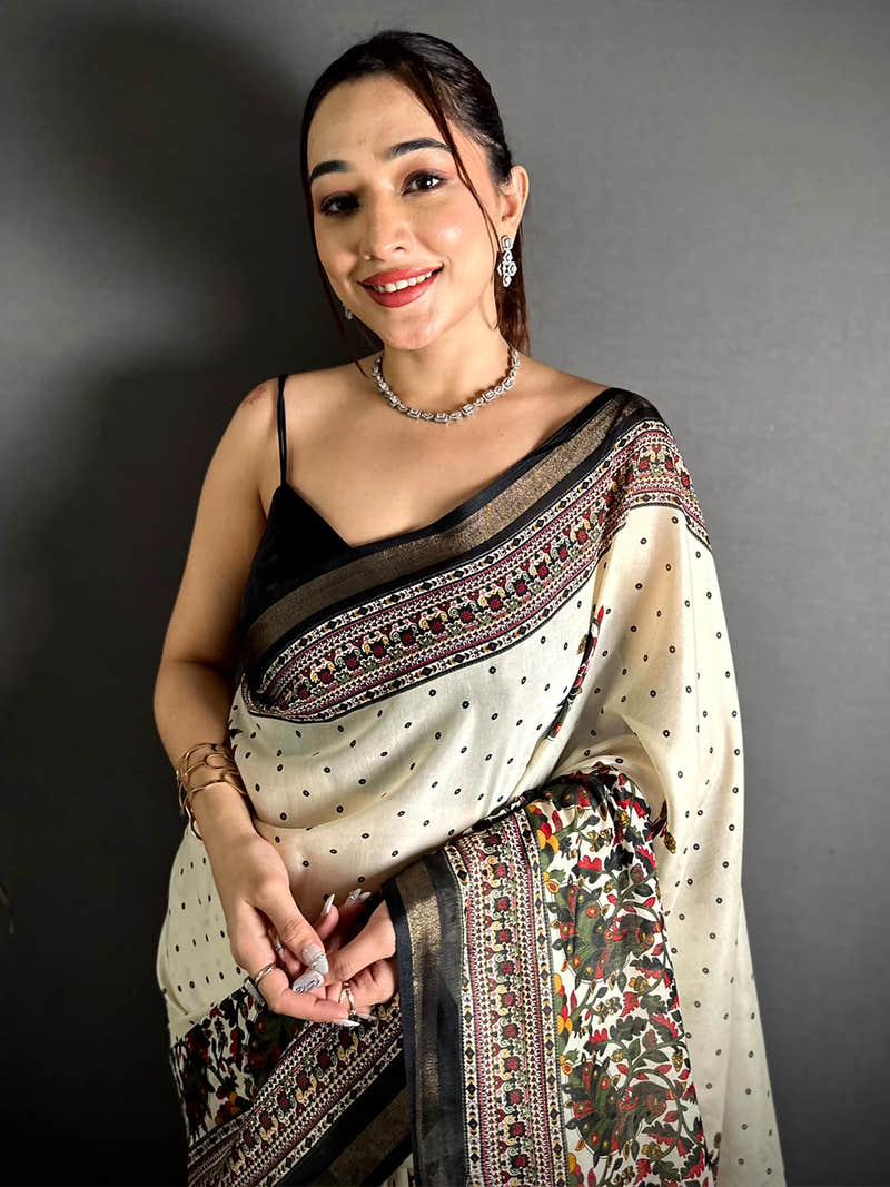 Off White Mul Cotton Kalamkari Print Saree with Black Border