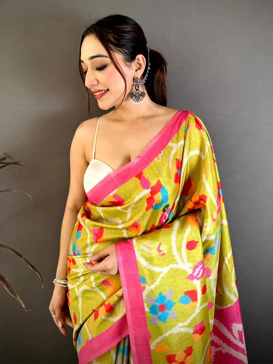 Radiant Lime Green Ikkat Tussar Designer Saree