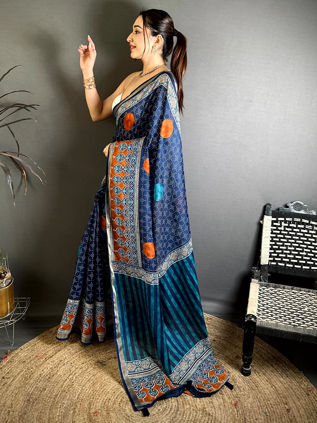 Navy Mul Cotton Bandhani Ajrak Print Saree