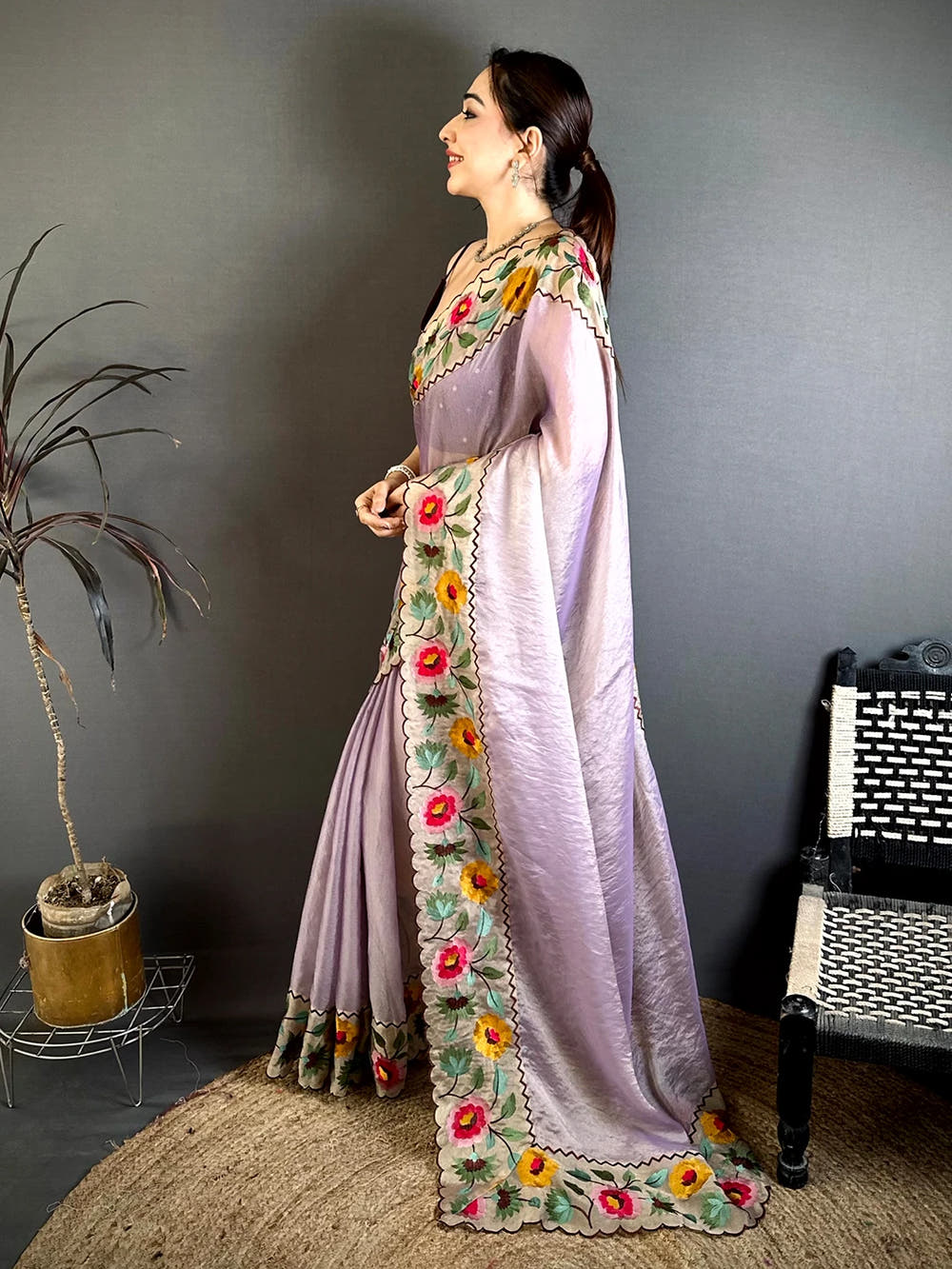 Lavender Soft Crush Silk Resham Floral Border Saree