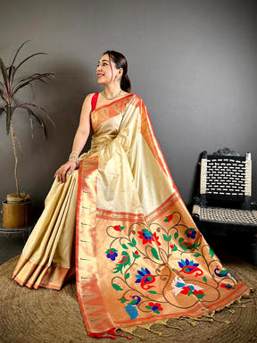 Cream Soft Silk Yeola Weaving Pallu Saree