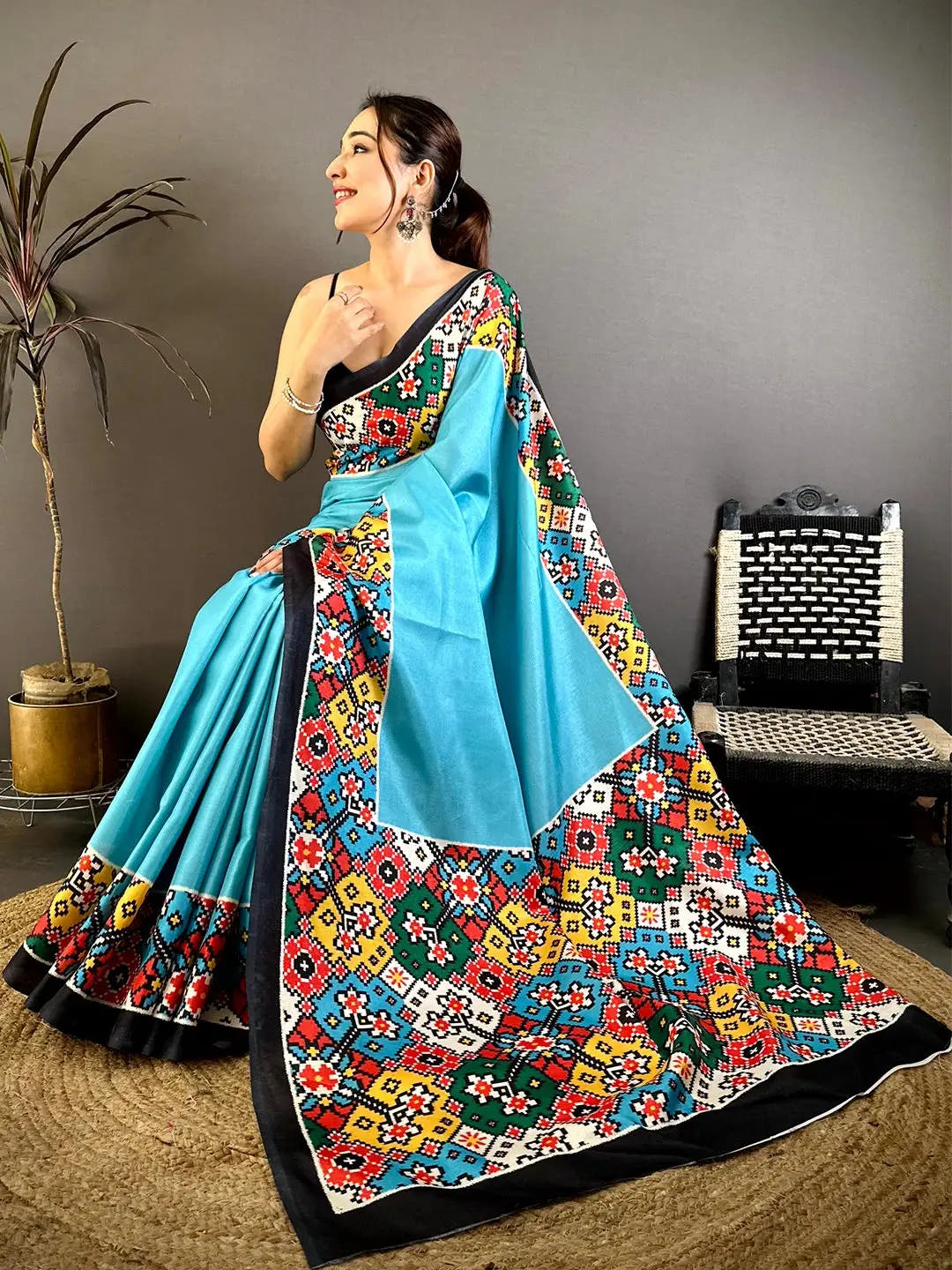 Royal Sky Blue Patola Print Tussar Saree