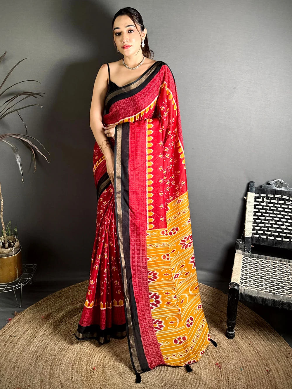 Exclusive Red Mul Cotton Ikkat Print Saree