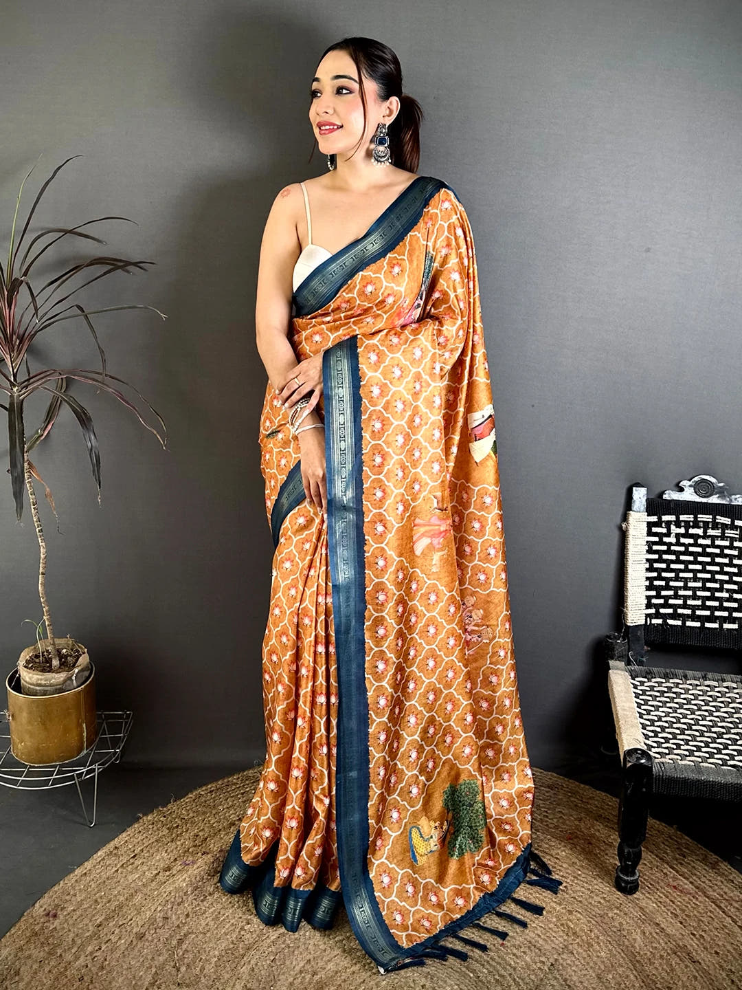 Elegant Ochre Soft Silk Pichwai Print Saree
