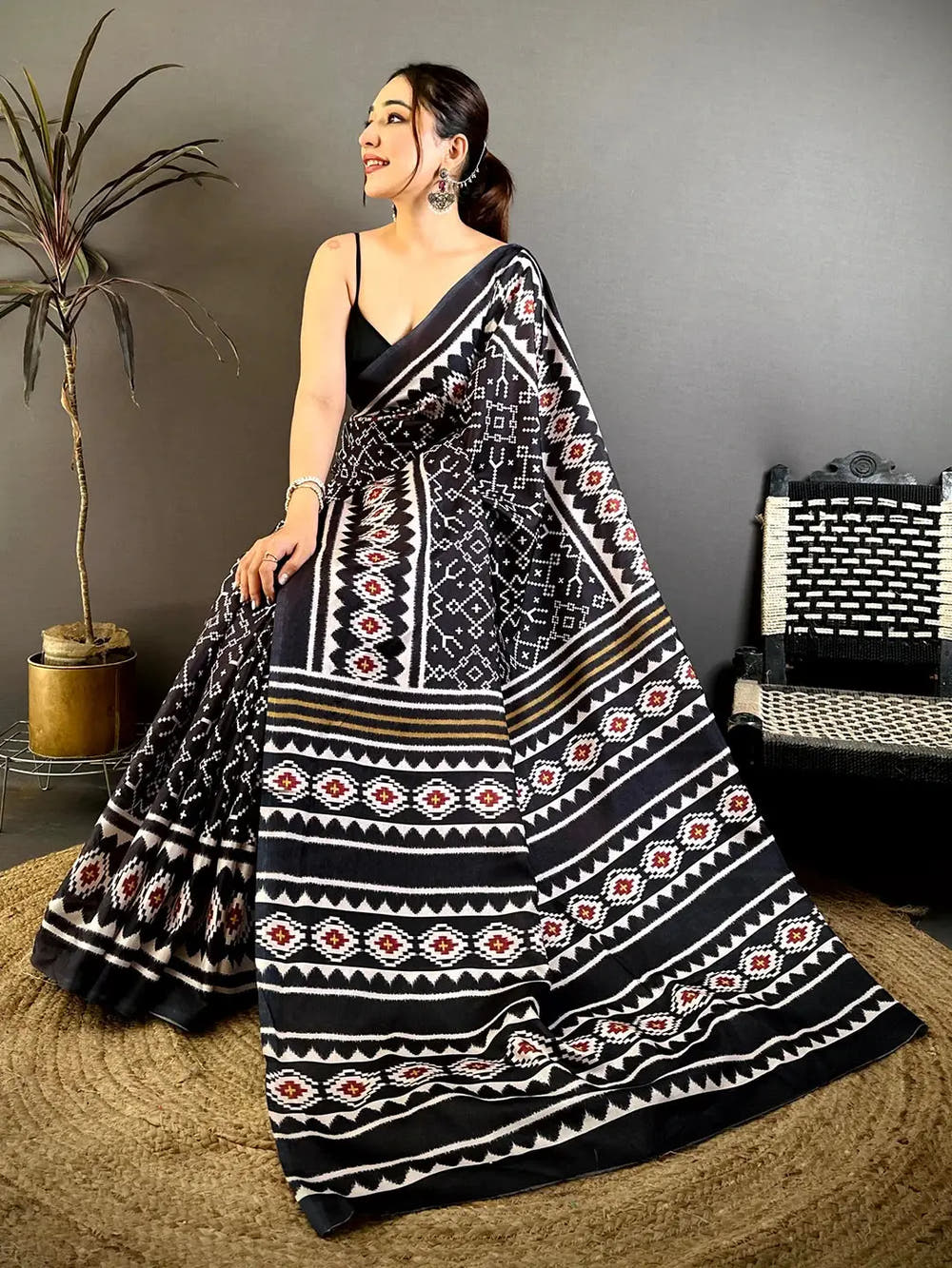 Royal Black Patola Print Tussar Saree