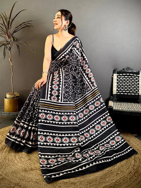 Royal Black Patola Print Tussar Saree