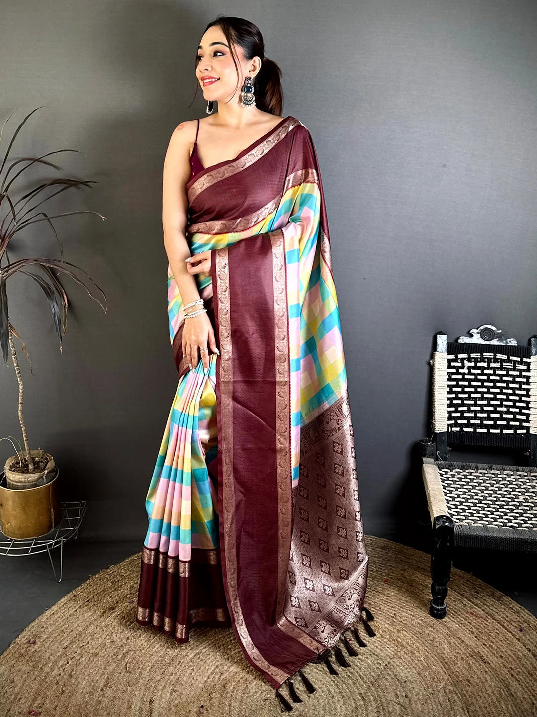 Royal Multicolor Soft Silk Checks Zari Border Saree
