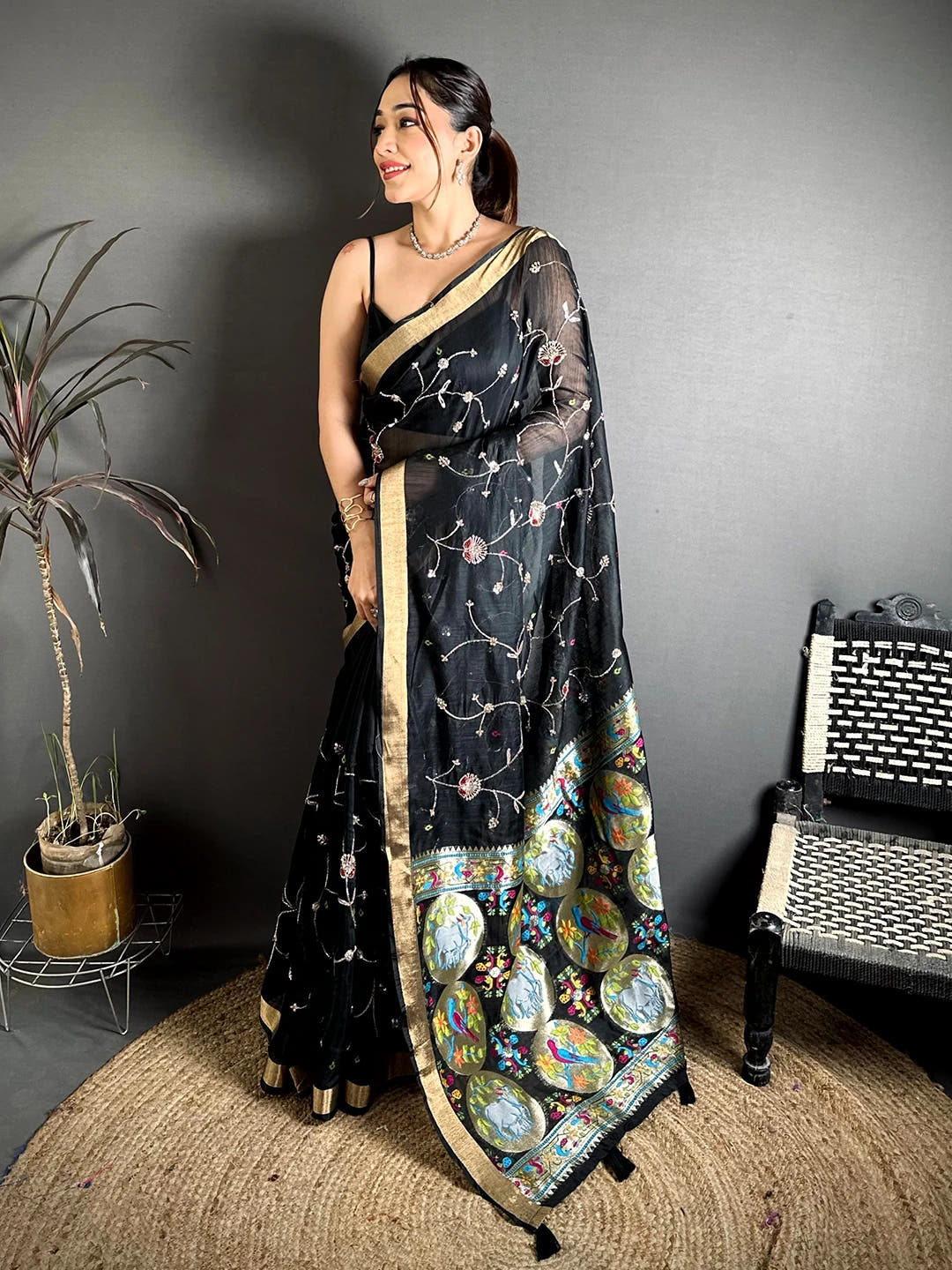Black Linen Chanderi Pearl Bead Work Saree