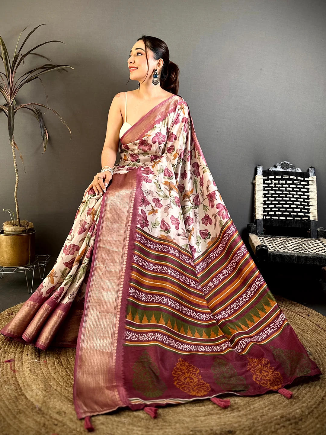 Elegant Mauve Soft Dola Floral Print Saree
