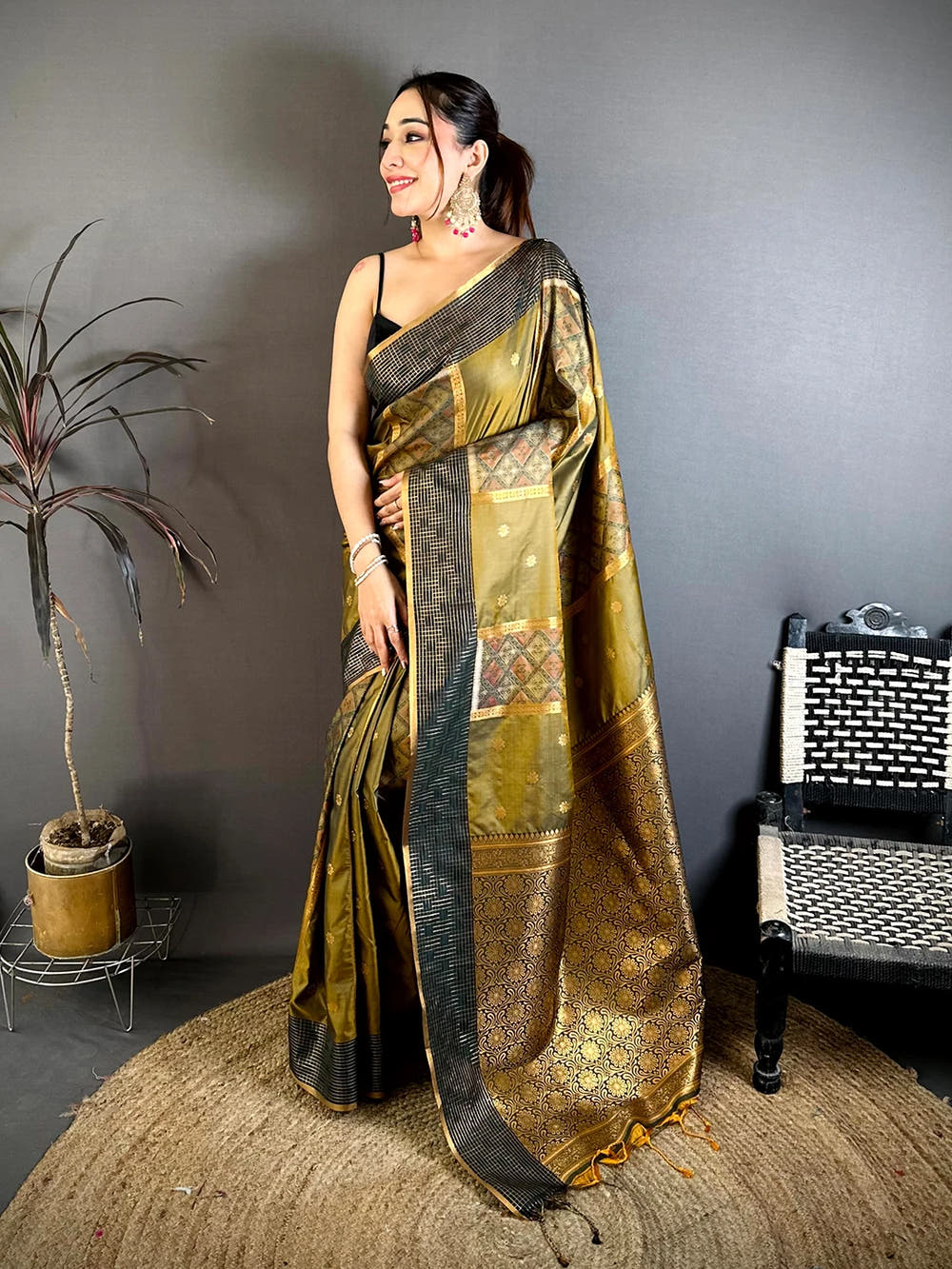 Olive Pochampally Weaving Soft Silk Saree