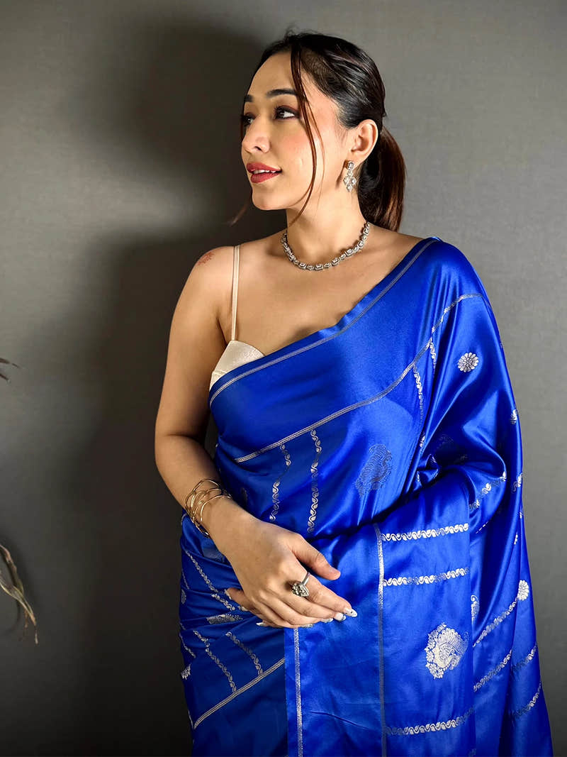 Elegant Royal Blue Mashru Silk Zari Weave Saree