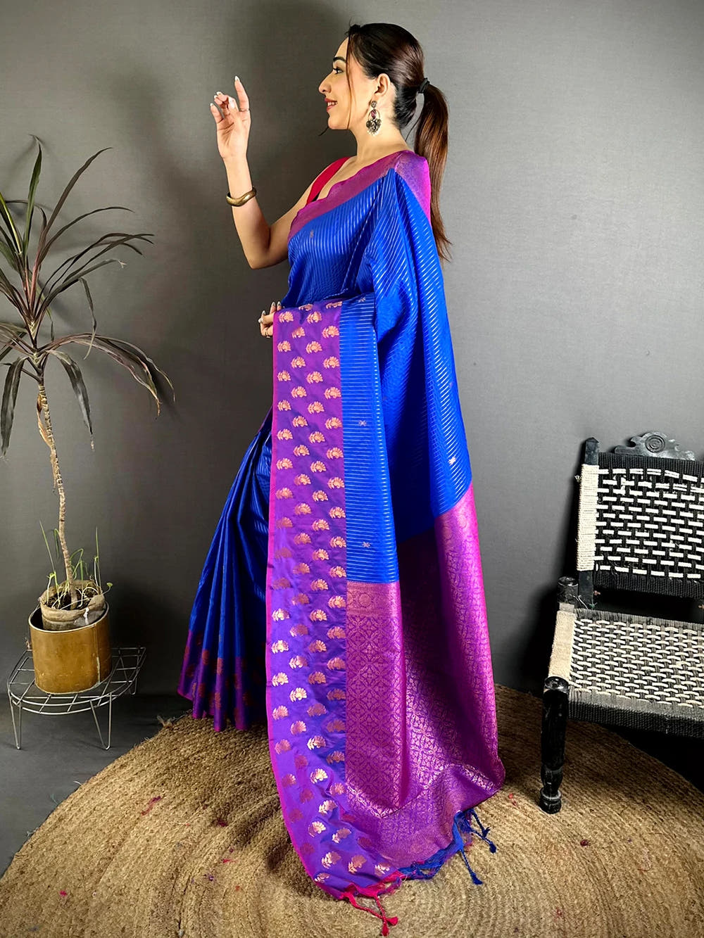 Exclusive Royal Blue Silk Mango Zari Butti Saree