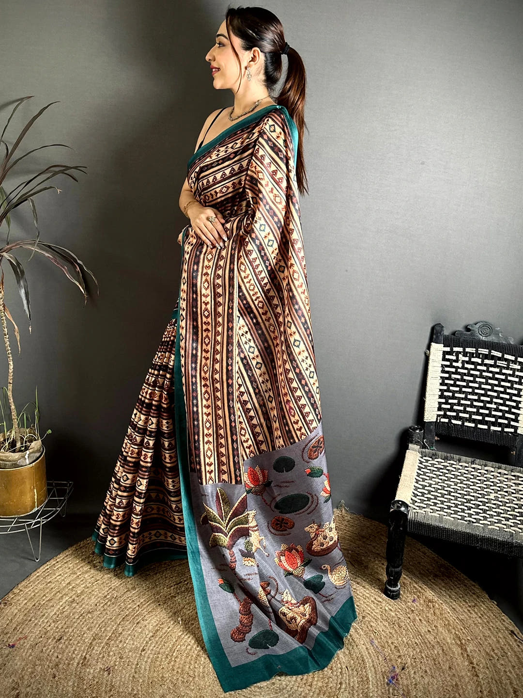 Classic Tussar Ajrakh Kalamkari Print Saree