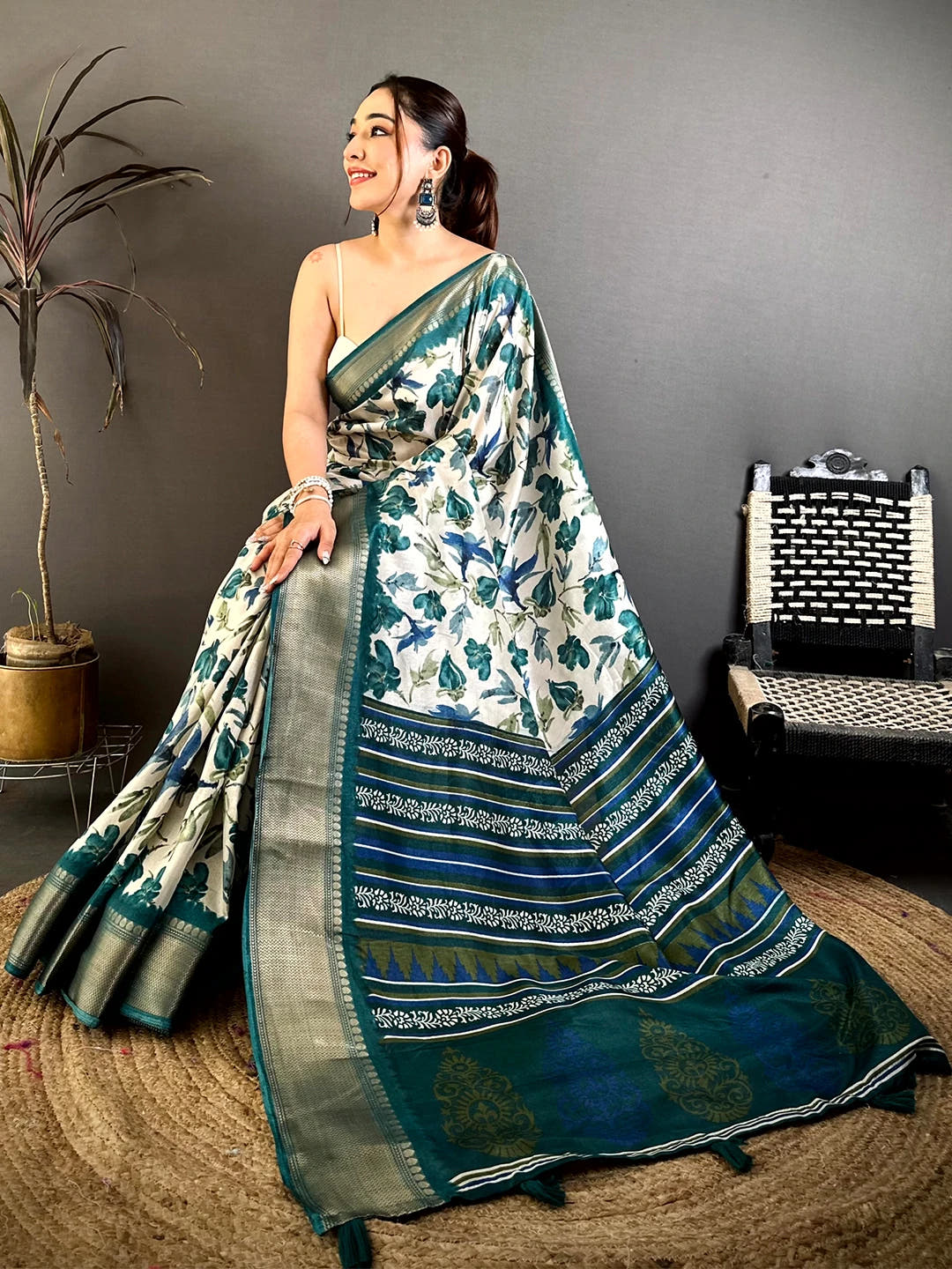 Elegant Teal Soft Dola Floral Print Saree