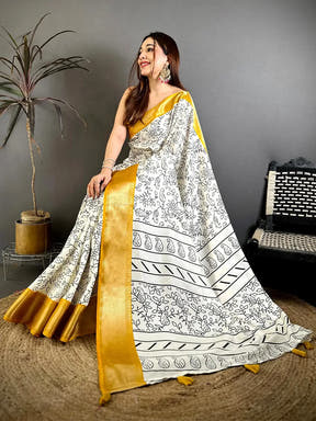 Elegant Soft Dola Silk Black Ink Kalamkari Saree