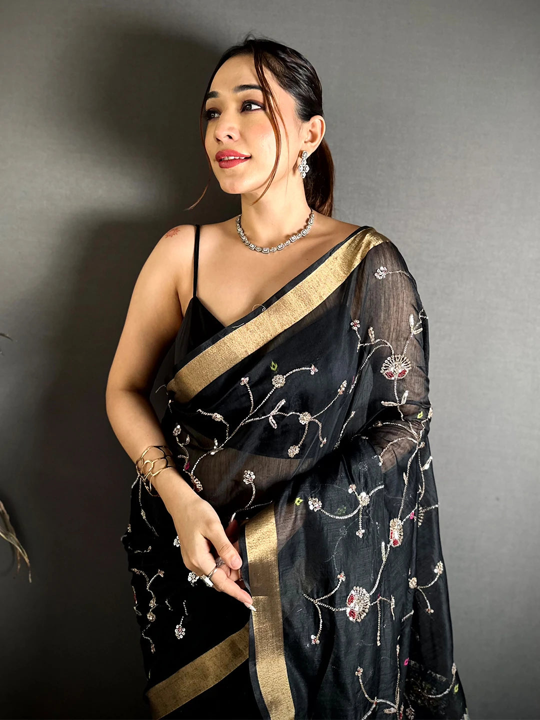 Black Linen Chanderi Pearl Bead Work Saree