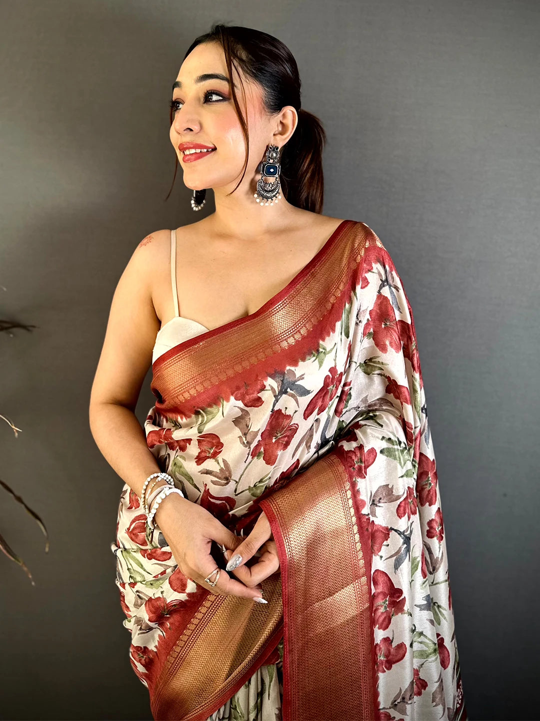Radiant Rust Red Soft Dola Floral Print Saree