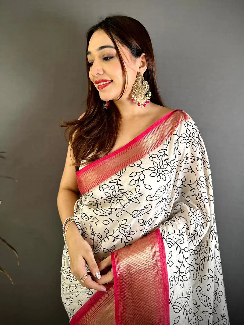 Classic Soft Dola Silk Black Ink Kalamkari Saree