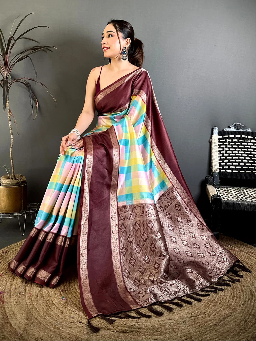 Royal Multicolor Soft Silk Checks Zari Border Saree