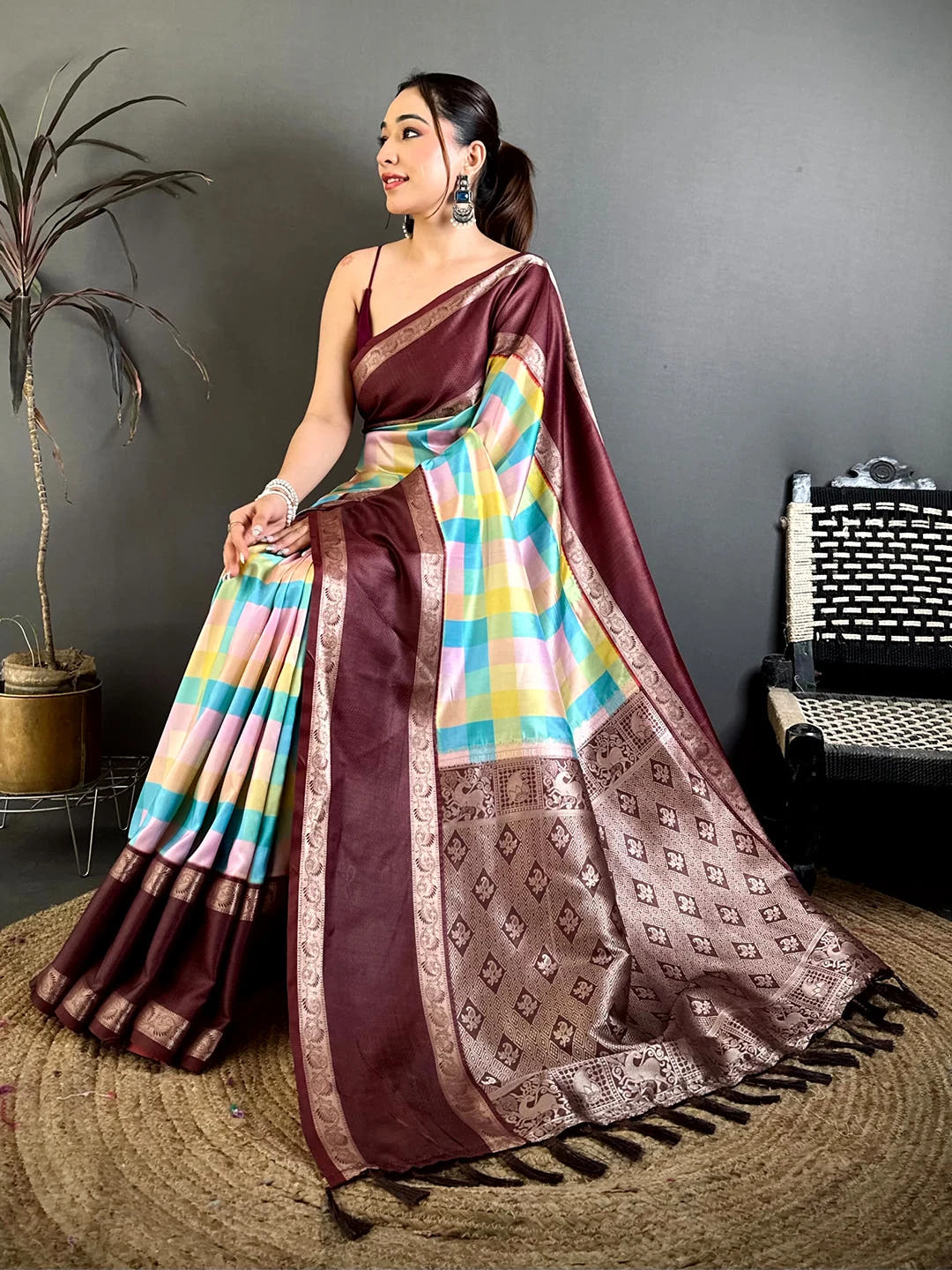 Royal Multicolor Soft Silk Checks Zari Border Saree